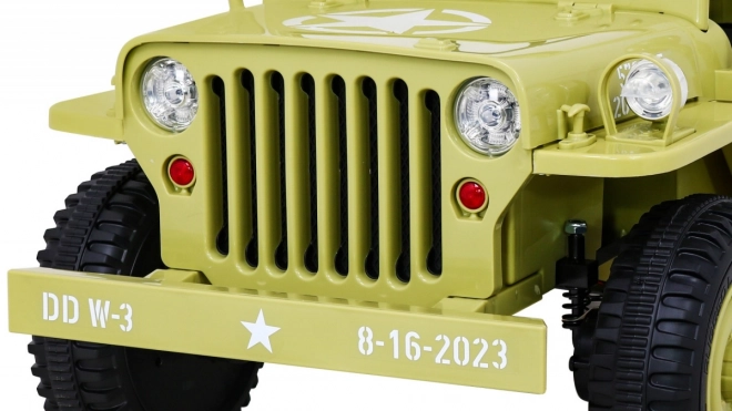 Retro vojenské auto pro děti béžové + pohon 4x4 + dálkové ovládání + 2 nosiče zavazadel + pomalý start + MP3 LED