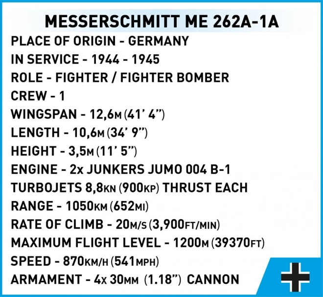 COBI 5721 II WW Messerschmitt ME 262A-1A, 1:32, 390 k, 1 f