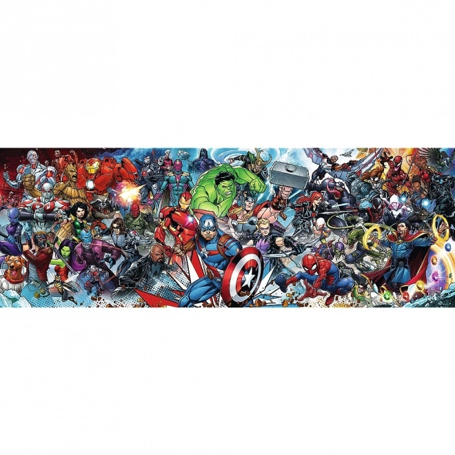 Puzzle panoramatické Marvelův svět/Join the Marvel Universe 1000 dílků 97x34cm v krabici 40x13,5x7cm