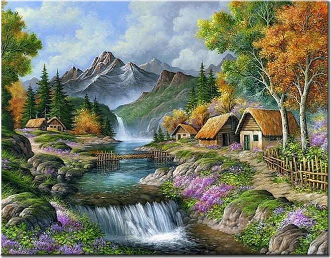 Norimpex Diamantové malování Chaty u horské řeky 30x40cm
