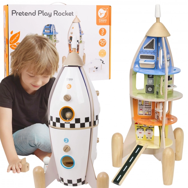 Dřevěná raketa domeček pro děti s figurkami