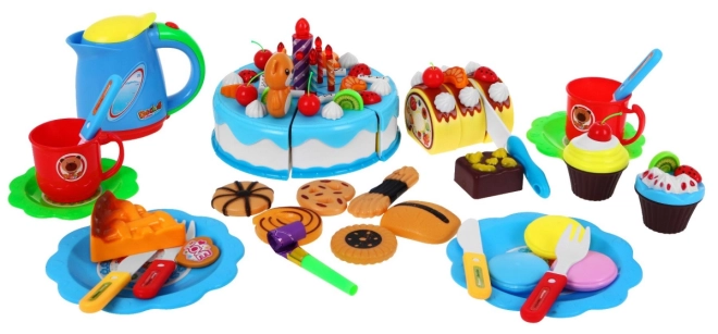 Dětský párty set + dort + sladkosti + interaktivní svíčka + příslušenství - 80 dílů – Modrý