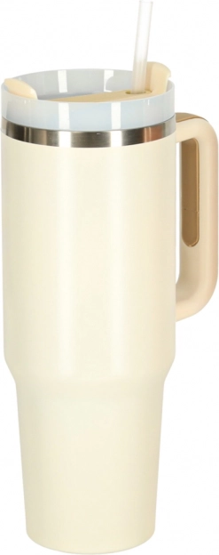 Krémový termohrnek se slámkou a uchem 1200 ml
