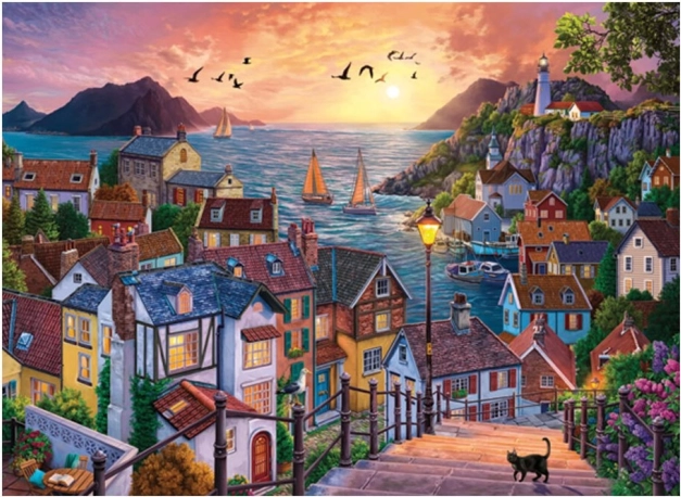 Puzzle Pobřežní město při západu slunce 1000 dílků