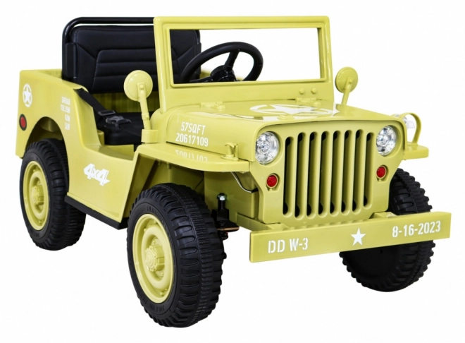 Retro vojenské auto pro děti béžové + pohon 4x4 + dálkové ovládání + 2 nosiče zavazadel + pomalý start + MP3 LED
