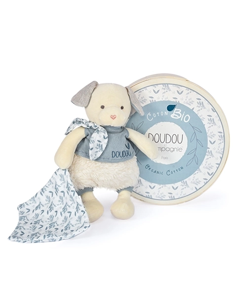 Dárková sada Doudou - Plyšový pejsek s dečkou z BIO bavlny 22 cm