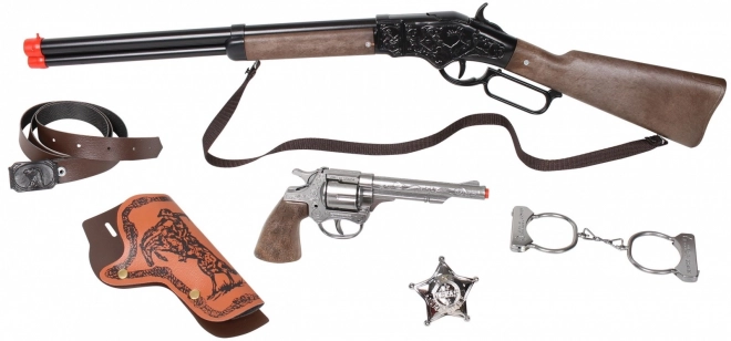 Kovbojská sada velká - puška, revolver, pouta, šerifská hvěz