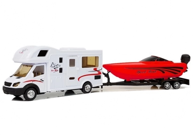 Hračka karavan s červeným člunem a setrvačníkem 1:48
