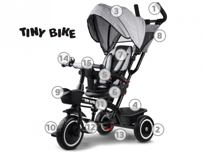 Dětská tříkolka Tiny Bike 3v1 s otočnou sedačkou a stříškou – Šedá