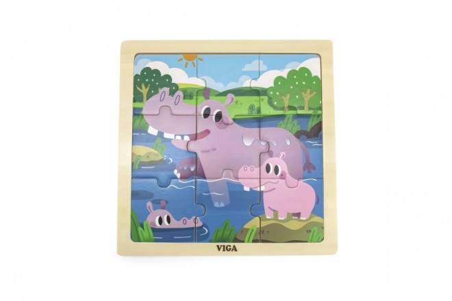 Dřevěné puzzle hroši Viga, 9 dílků