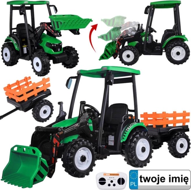 Elektrický traktor pro děti s přívěsem a lžící 24V – Zelená