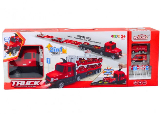 Lora Lorry 2v1 Závodní dráha Světla Zvuky Zvuky Značky Auta Červená