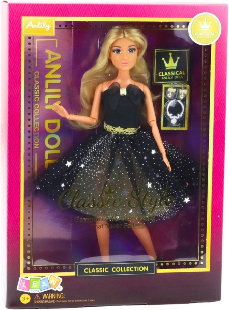 Lalka Anlily černozlaté společenské šaty, pohyblivé končetiny, blond vlasy