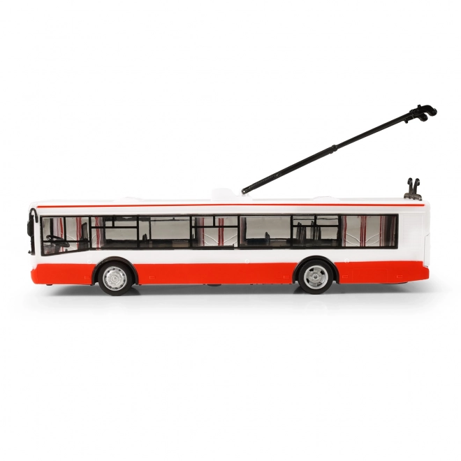 Trolejbus česky mluvící plast 29cm červený volný chod na bat. se světem se zvukem v krab. 33x11x10cm