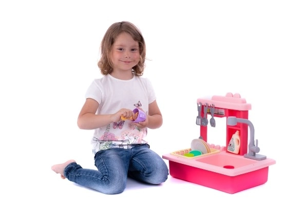 Dřez na mytí nádobí růžový + kohoutek na vodu na baterie plast s doplňky v krabici 46x28x12cm