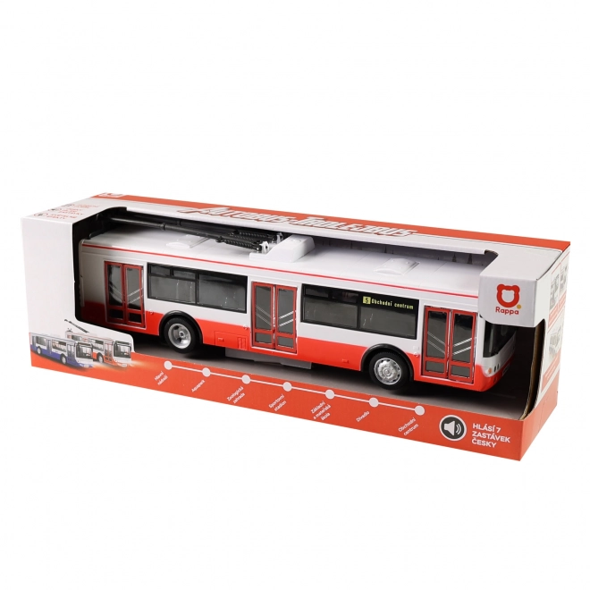 Trolejbus česky mluvící plast 29cm červený volný chod na bat. se světem se zvukem v krab. 33x11x10cm
