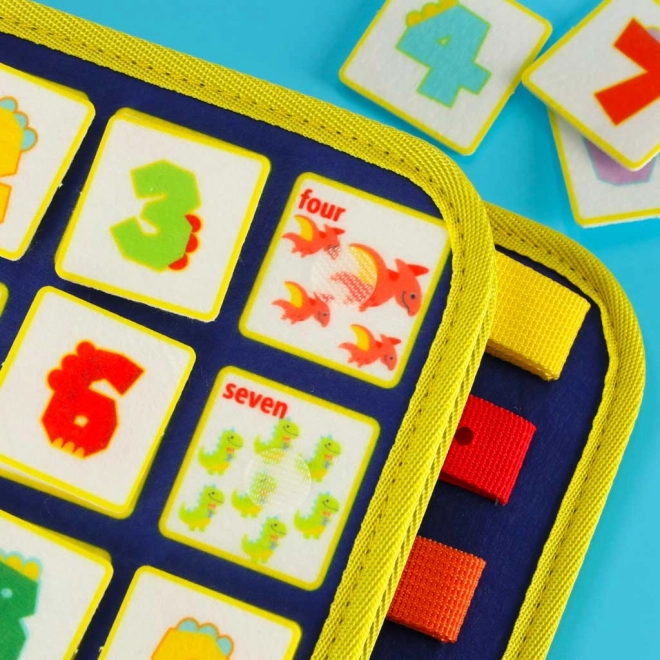 Montessori senzorická manipulační deska s motivem dinosauře modrá