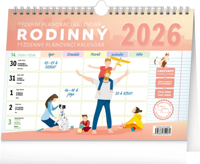 Notique týdenní rodinný plánovací kalendář s háčkem 2026