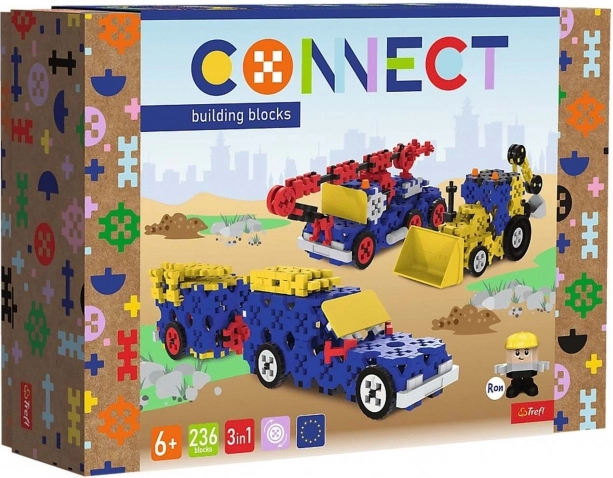 Stavebnice 3v1 stavební stroje a SUV s přívěsem TREFL Connect