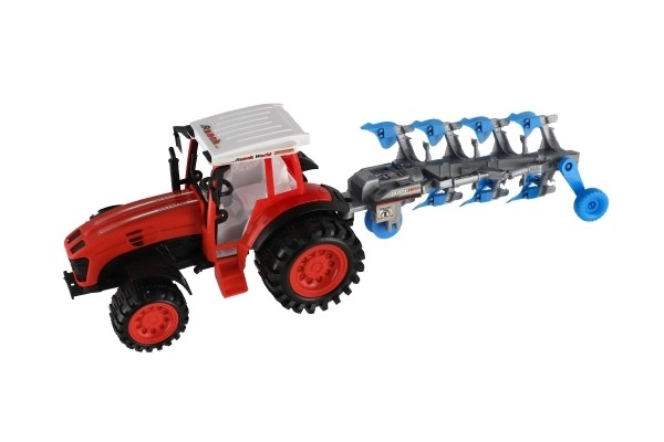Traktor s vlekem s pluhem plast 53cm na setrvačník 2 barvy v blistru