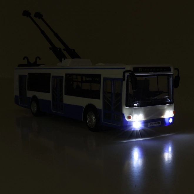 Trolejbus který hlásí zastávky česky 28 cm modrý