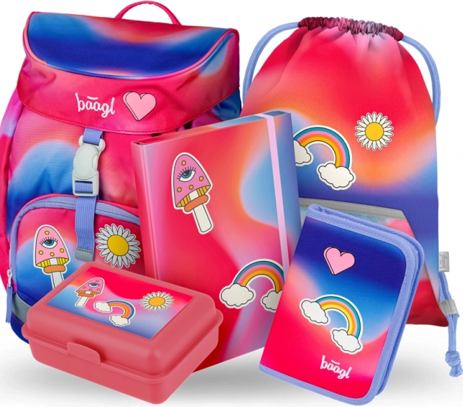 Školní set Airy Duha červený: Batoh, penál, sáček, desky, box
