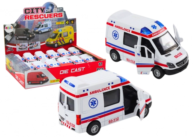 ambulanční hračka s otevíracími dveřmi, světly a zvuky 1:32 bílá