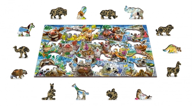 Dřevěné puzzle s figurkami - pohlednice se zvířaty