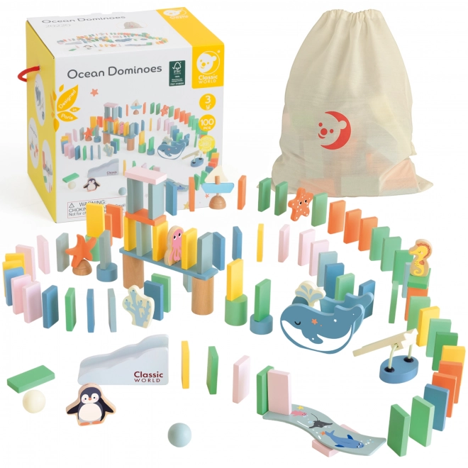 Dřevěné domino mořská zvířata Montessori 100 ks