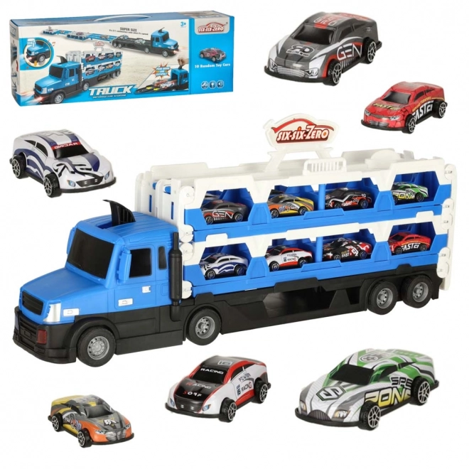 Laweta XXL s autodráhou a 10 autíčky - modrá