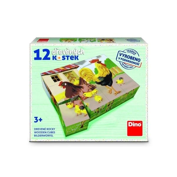 Dino Dřevěné obrázkové kostky Domáčí zvířátka retro 12 kostek