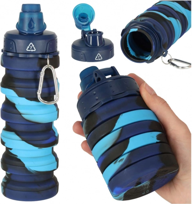 Skládací silikonová láhev na vodu s držadlem 500ml modrá
