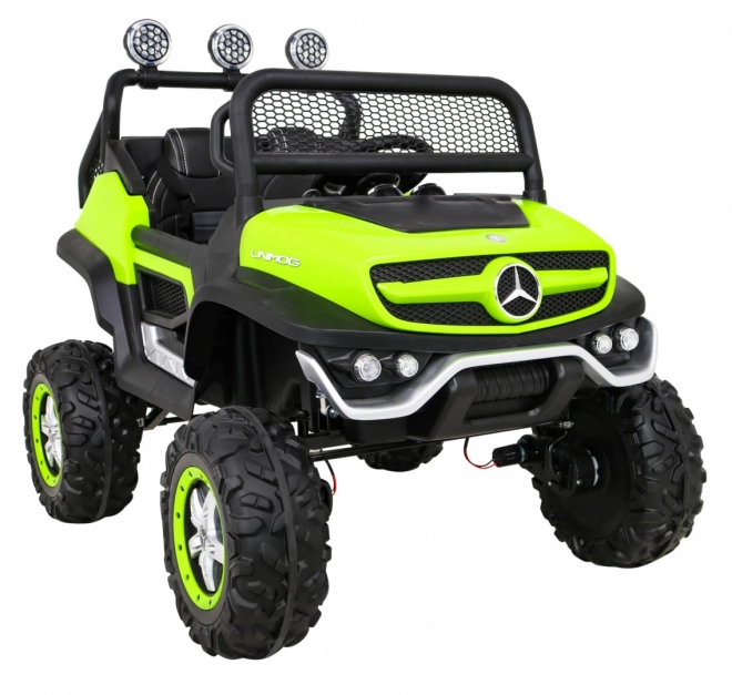 Mercedes Benz Unimog pro děti Zelený + pohon 4x4 + dálkové ovládání + zavazadlový prostor + pomalý start + MP3 LED
