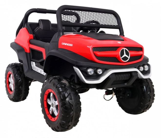 Mercedes Benz Unimog pro děti Červený + 4x4 + dálkové ovládání + nosič zavazadel + pomalý start + MP3 LED