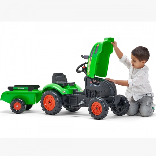 Šlapací traktor s vlečnou a otevírací kapotou zelený