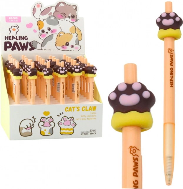 Gelové pero Kočičí tlapka hnědé modrý inkoust 15 cm 0,5 mm