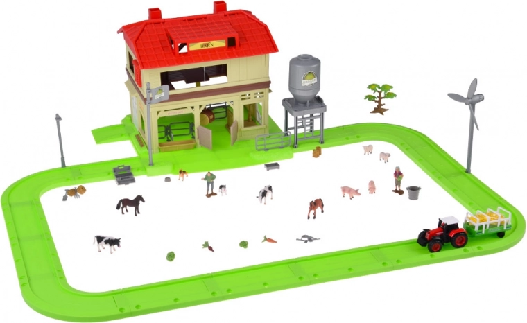 Traktor s přívěsem a zvířecí figurky