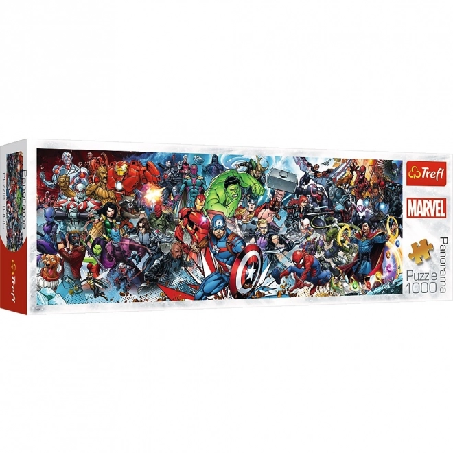 Puzzle panoramatické Marvelův svět/Join the Marvel Universe 1000 dílků 97x34cm v krabici 40x13,5x7cm