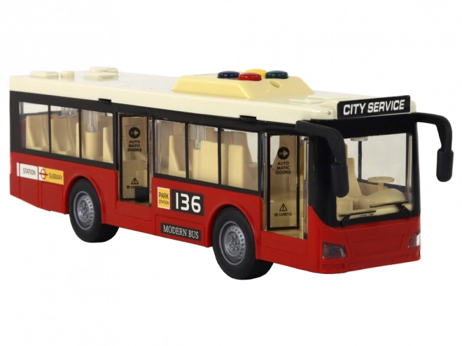 Červený městský autobus na baterie se světly a zvuky 1:16
