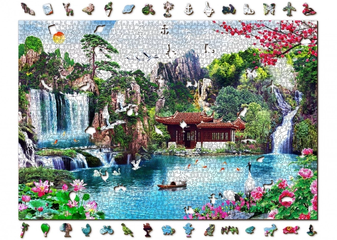Dřevěné puzzle Vodopády v japonské zahradě