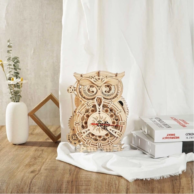 3D dřevěný mechanický puzzle Soví hodiny