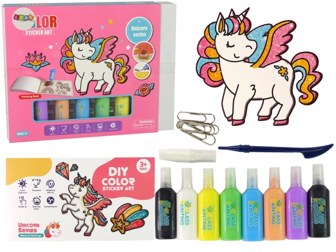 sada samolepek na sklo Jednorožec DIY 8 barev s třpytkami
