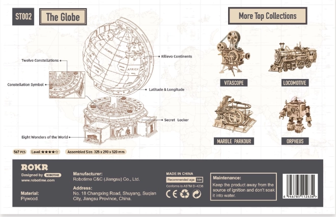 Dřevěné mechanické puzzle globus ROKR s tajnými schránkami