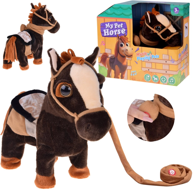 Interaktivní tancující plyšový koník s vodítkem a zvuky country – černá