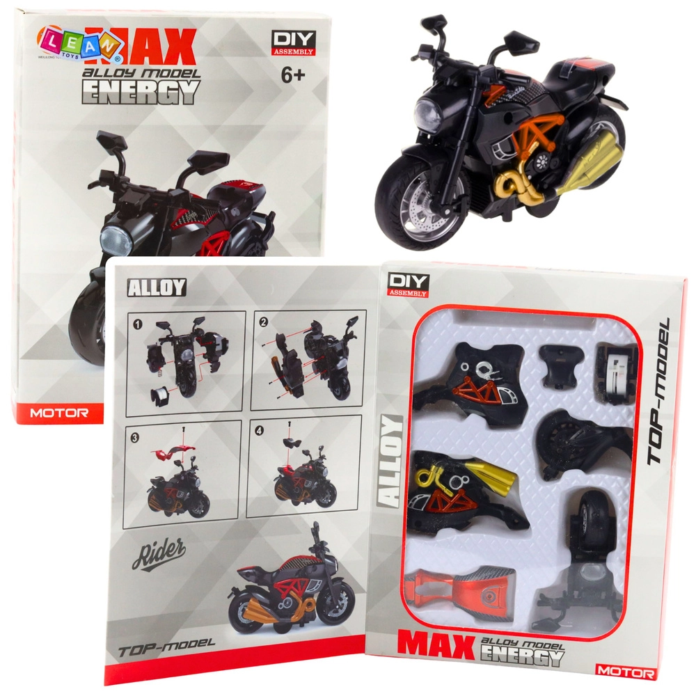 Kovový model motocyklu k sestavení 1:14 černo‑oranžový