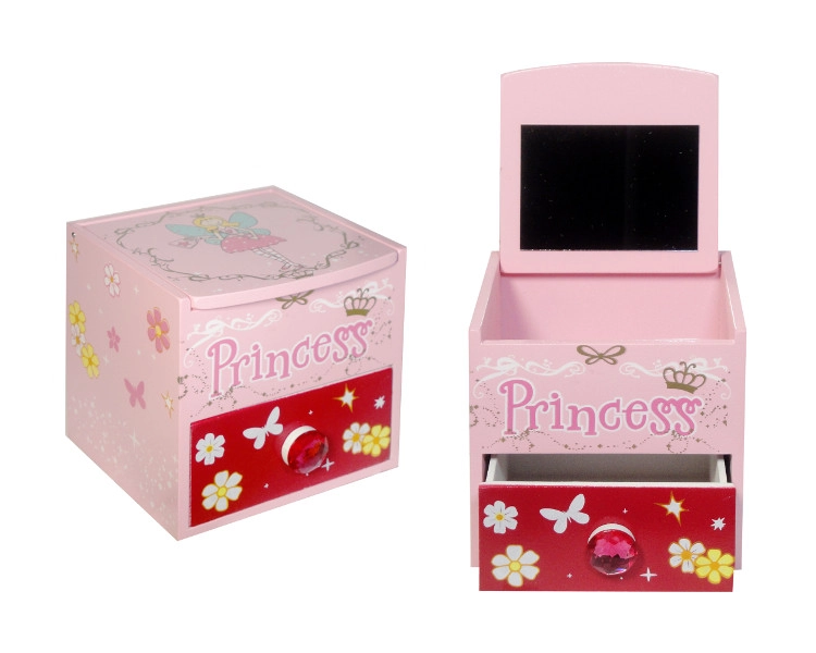 Dřevěná šperkovnice s zrcátkem Princess – růžová