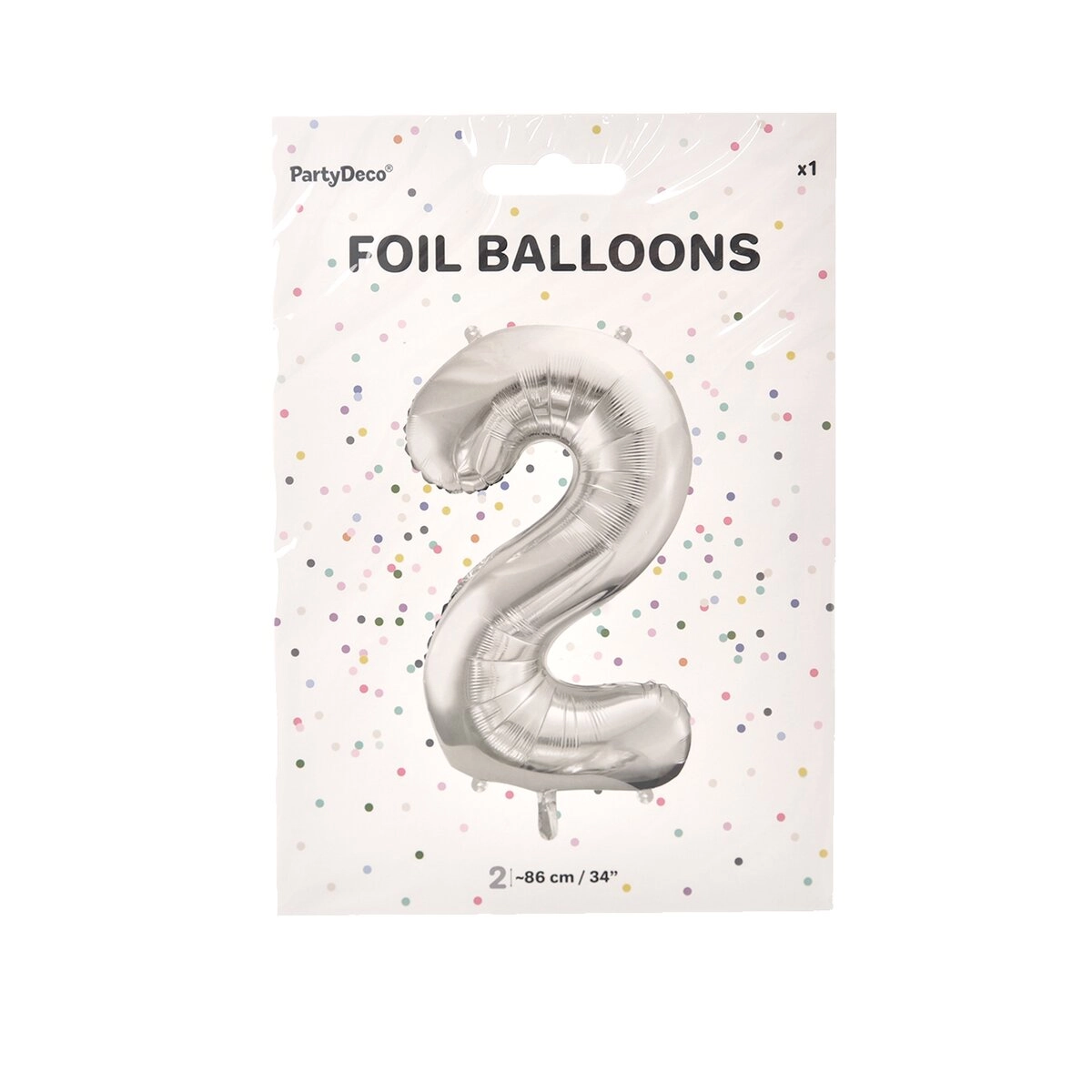 PartyDeco Fóliový balónek číslo 2 stříbrný 86 cm
