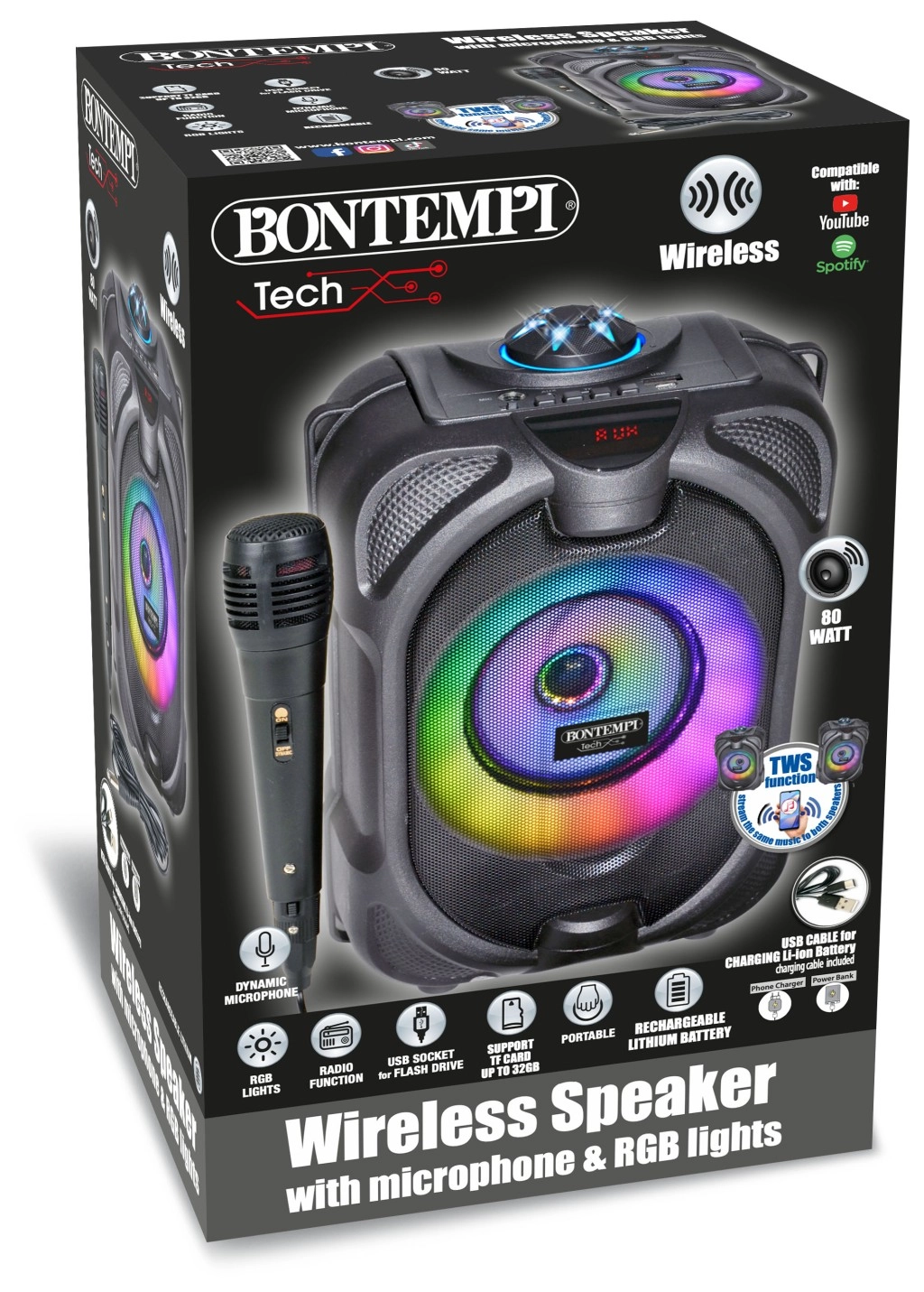 Bezdrátový karaoke reproduktor s mikrofonem, světelnými efekty a displejem