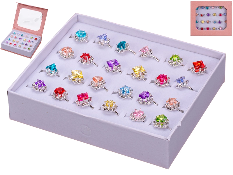 Sada dětských kovových prstýnků s barevnými kamínky, 24 ks