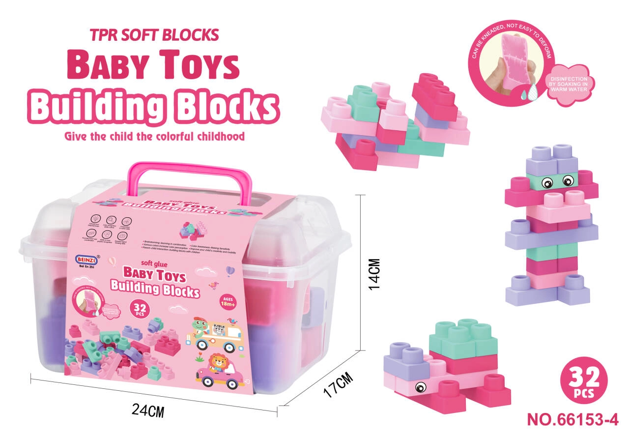 sada měkkých stavebnicových kostek 32 ks růžová s kufříkem